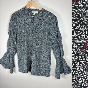 MICHAEL KORS Womens Blouse Button Down M Dark Floral Bell Sleeve Career Business